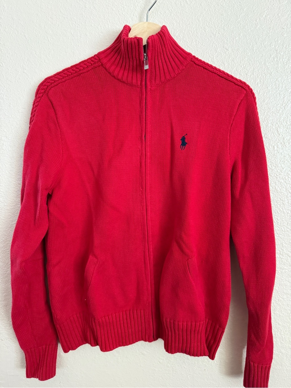 Ralph Lauren Red Zip-Up Knit Sweater with Navy Pony